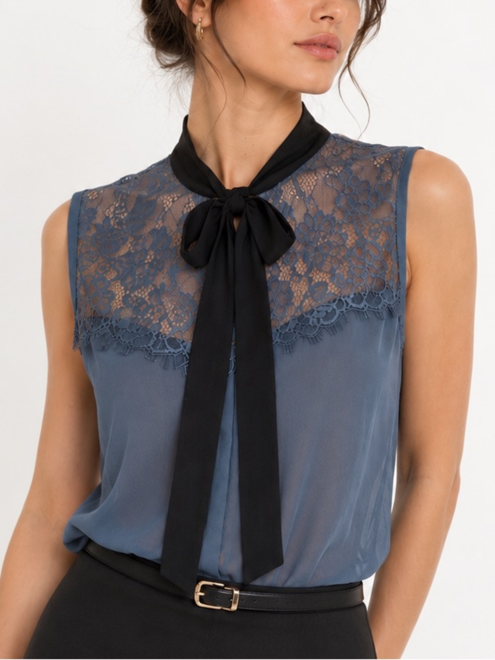 Charlotte Russe Sheer Lace Tie Neck Blouse Blue Sleeveless Secretary Chic | M